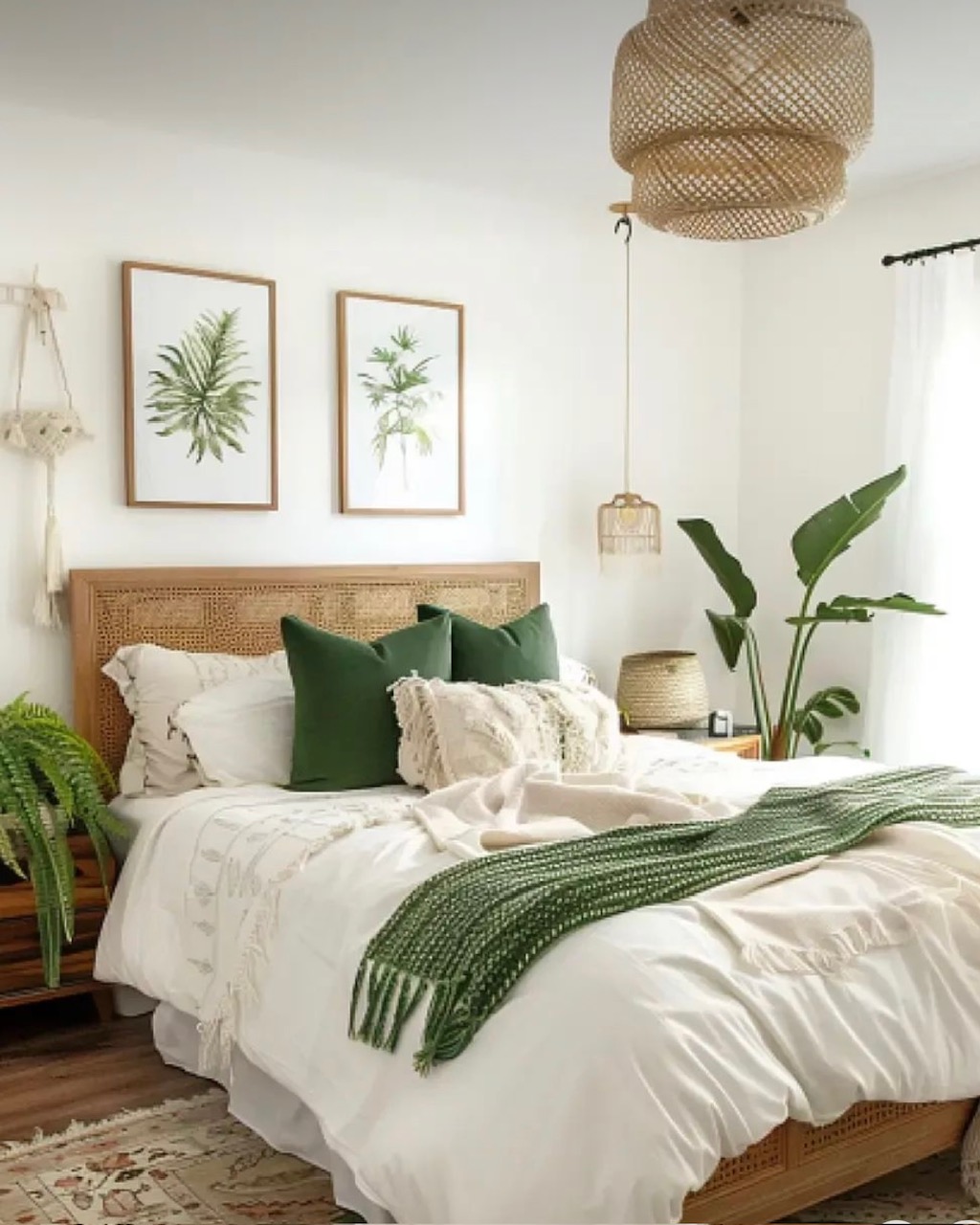 Bedroom with rattan and green accents