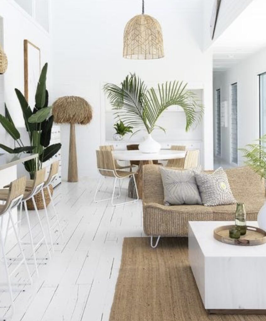 Rustic white living room with plants